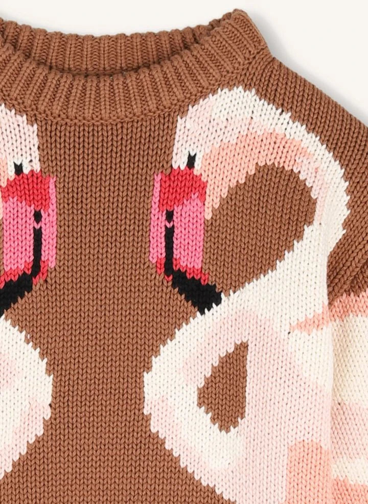 Chloé - Flamants Roses Organik Pamuklu Kazak | Karamel