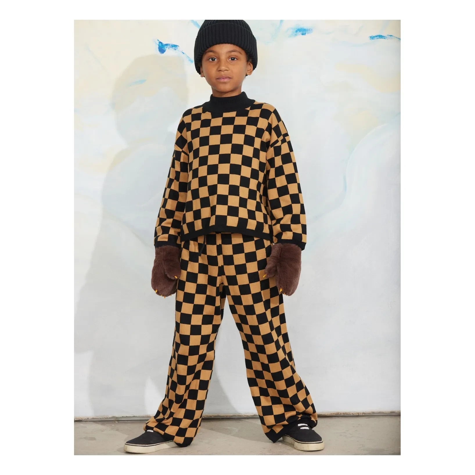 Mini Rodini - Organik Pamuklu Mesh Damier Pantolon | Kahverengi