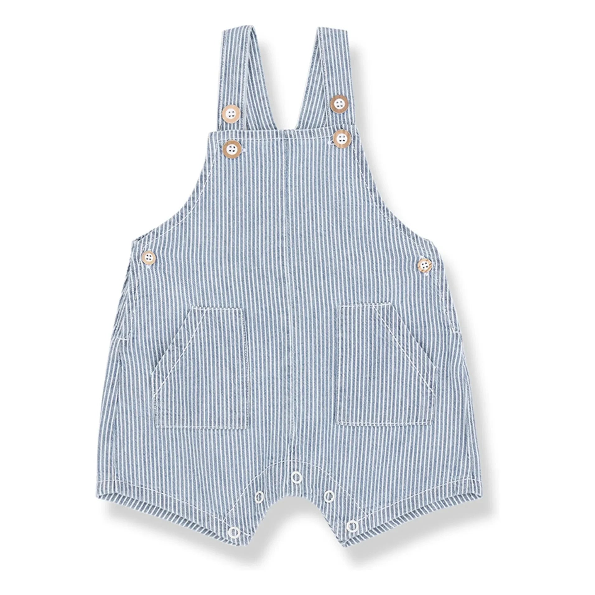 1+ in the family - Gestreifter Denim Talaies Strampler aus Bio-Baumwolle | Hellblau