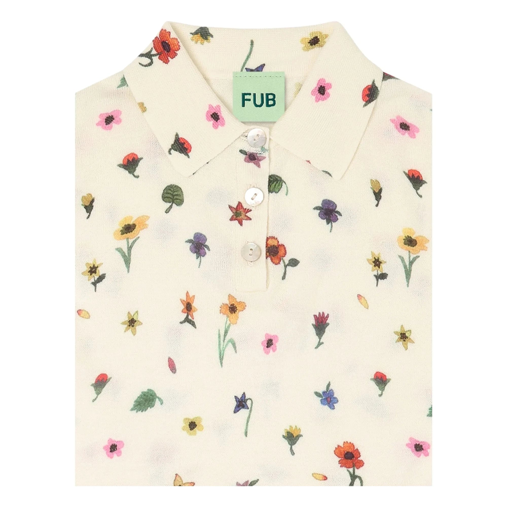 FUB - Blumenmuster Polo T-Shirt Extra Feines Netz Bio-Baumwolle | Ecru