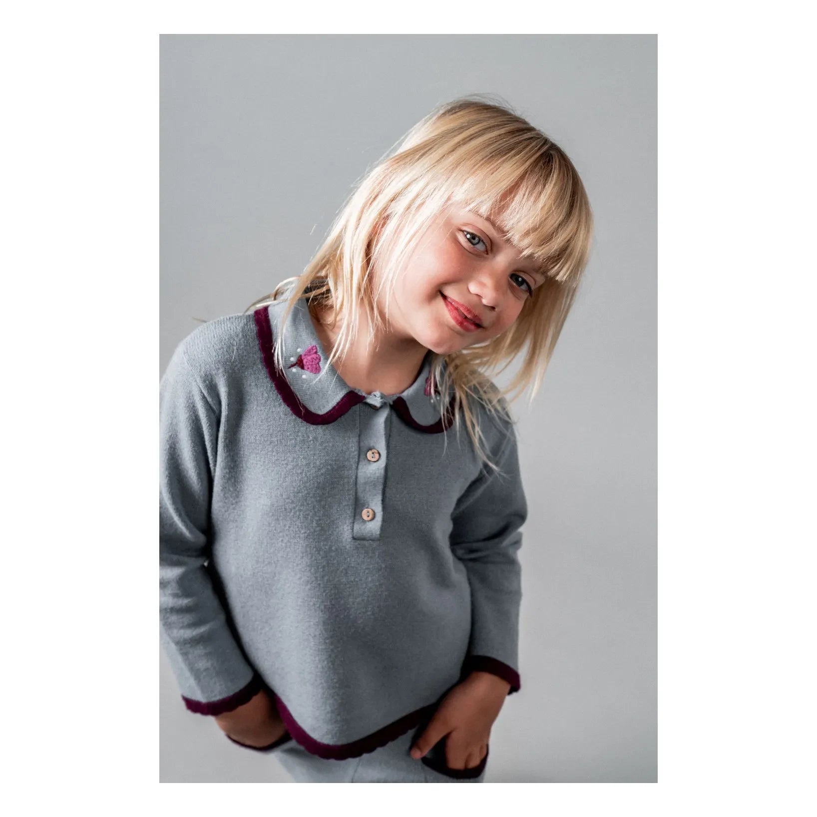 birinit - İşlemeli Claudine Yaka Kazak | Gri mavi