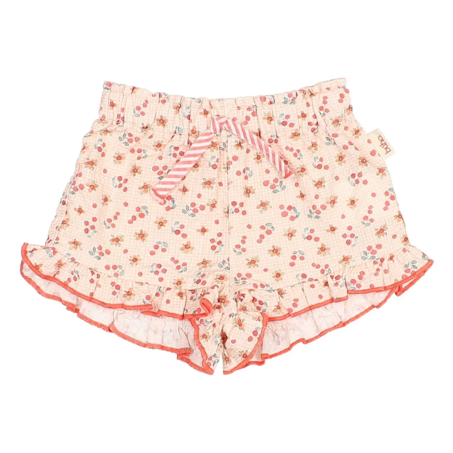 Búho - Pfirsichfarbene Seersucker-Blumenshorts für Babys
