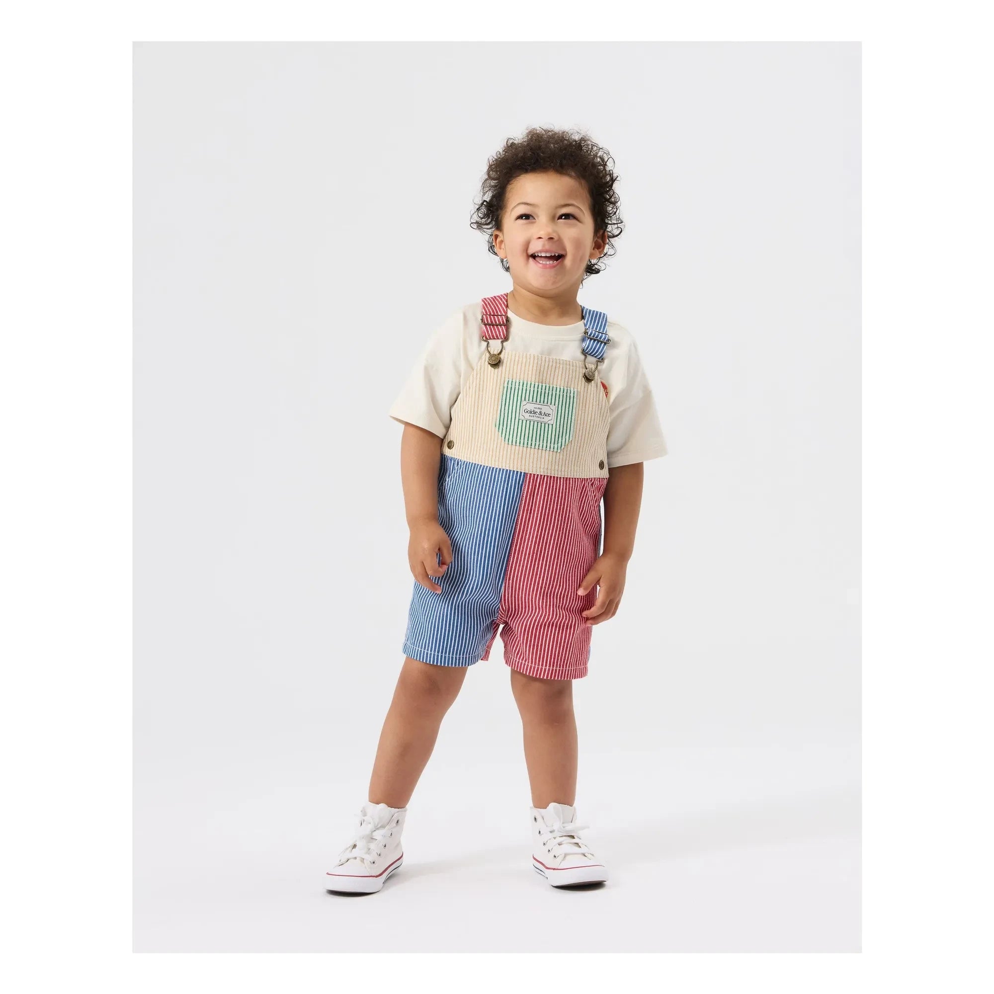 Goldie + Ace – Gestreifter Patchwork-Kurzstrampler | Rot