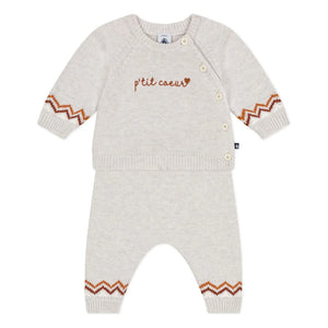 Petit Bateau - P'tit Cœur Wollpullover und Hose | Melierter Beige