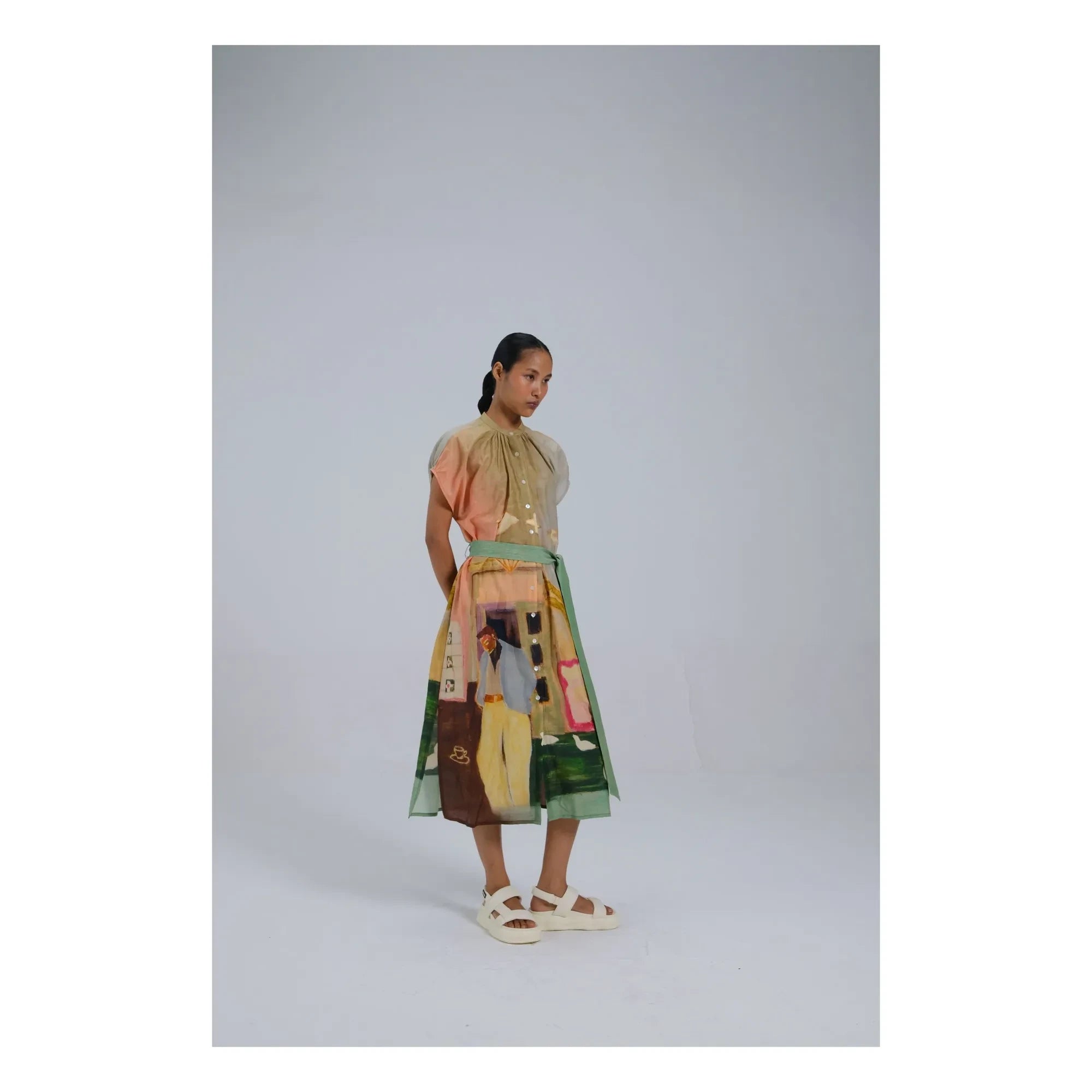CORD - Baumwoll-Seiden-Cape-Kleid | Grün
