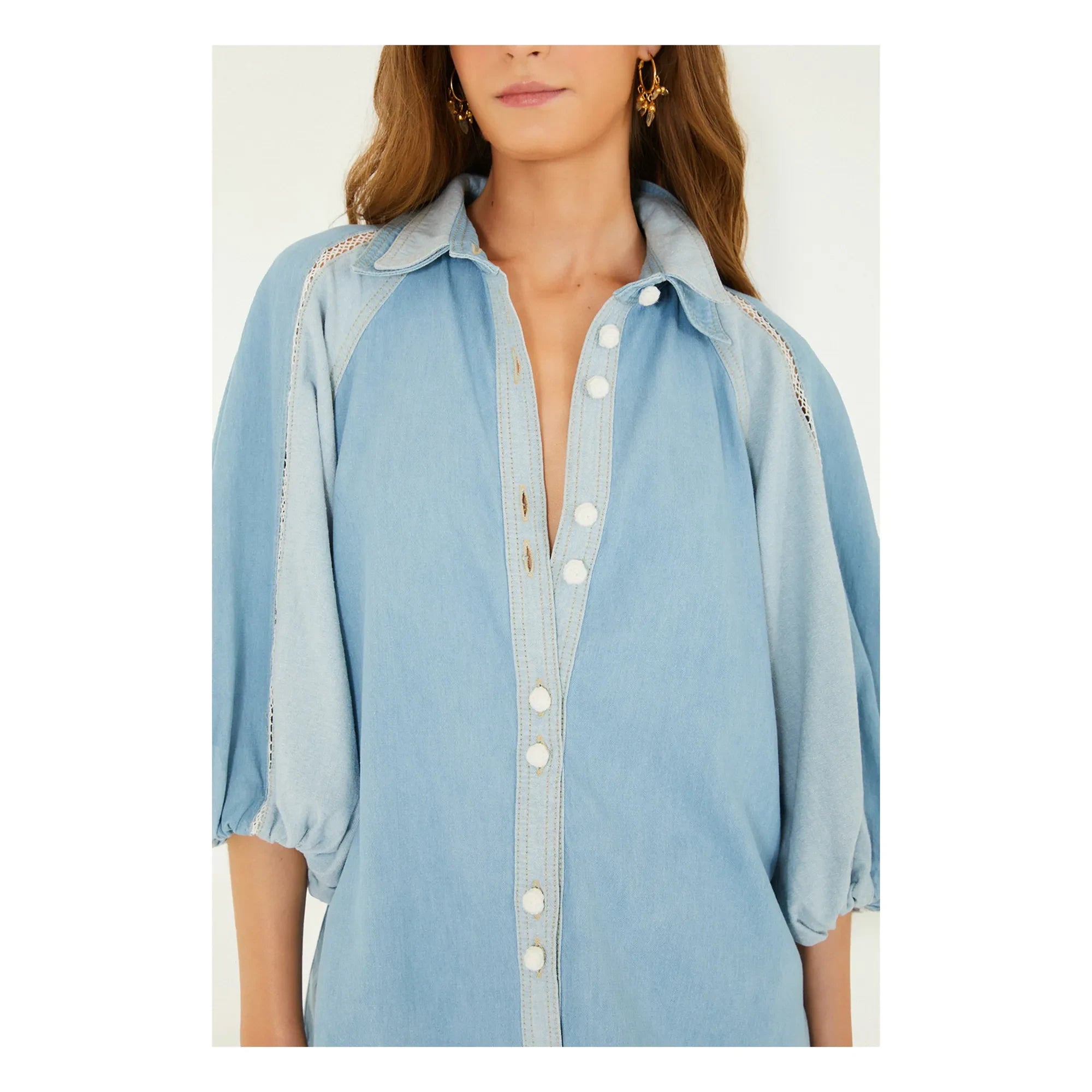 Farm Rio - Zweifarbige Denim Bluse | Blau