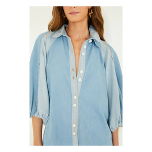 Farm Rio - Zweifarbige Denim Bluse | Blau