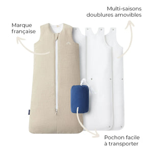 Les Petites Billes - Wendbarer ganzjähriger Schlafsack aus doppeltem Musselin | Beige