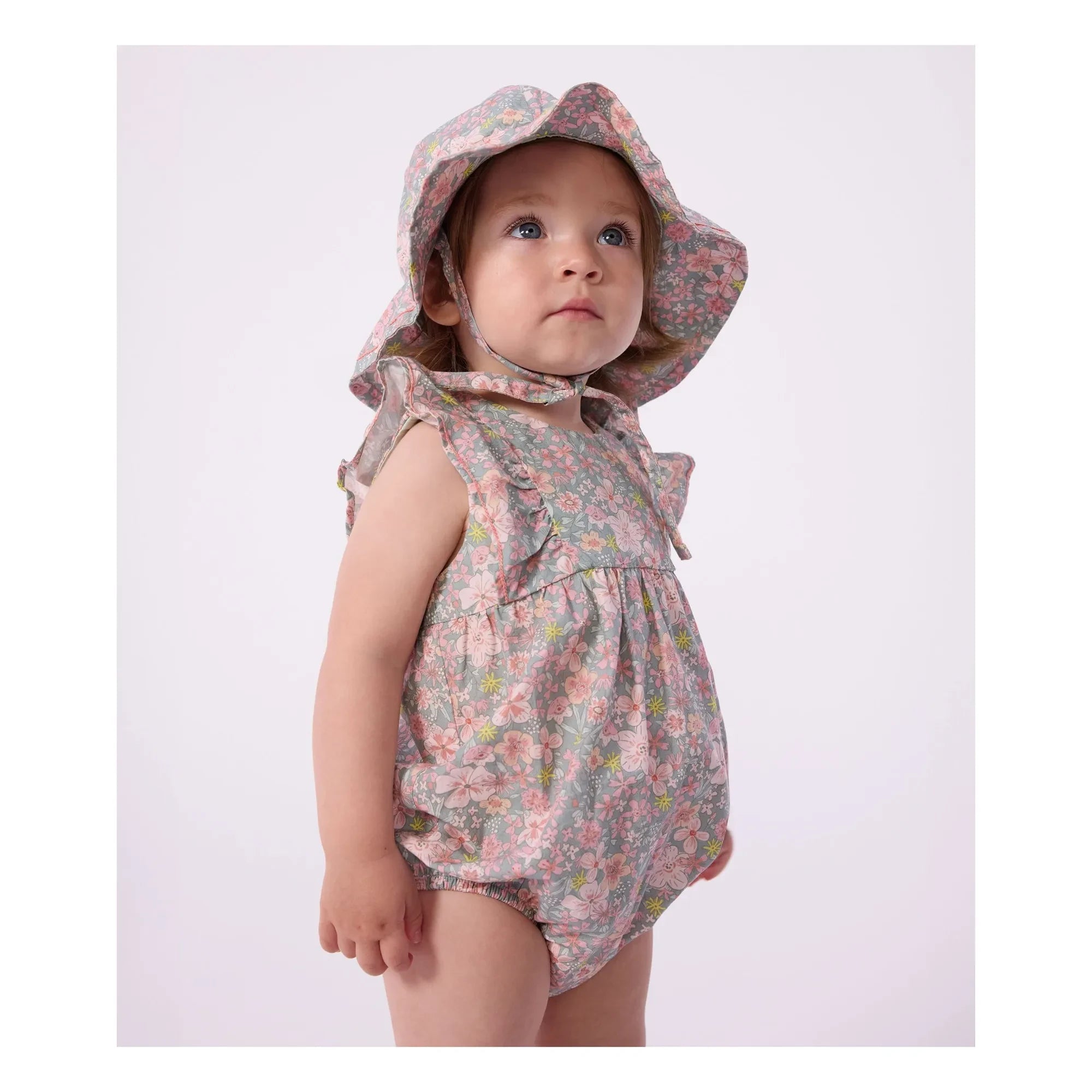 Petit Bateau - Strampler aus Bio-Baumwollpopeline mit Blumenmuster | Graublau