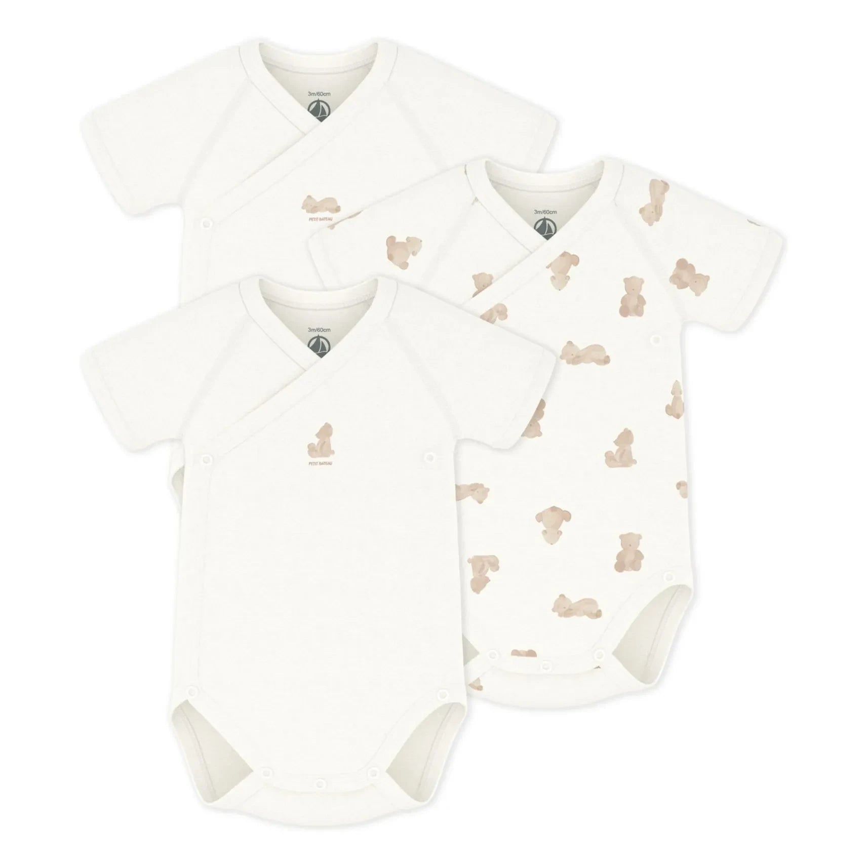 Petit Bateau - 3er-Set Organische Baumwoll-Umhängetaschen mit Bärenmuster | Ecru