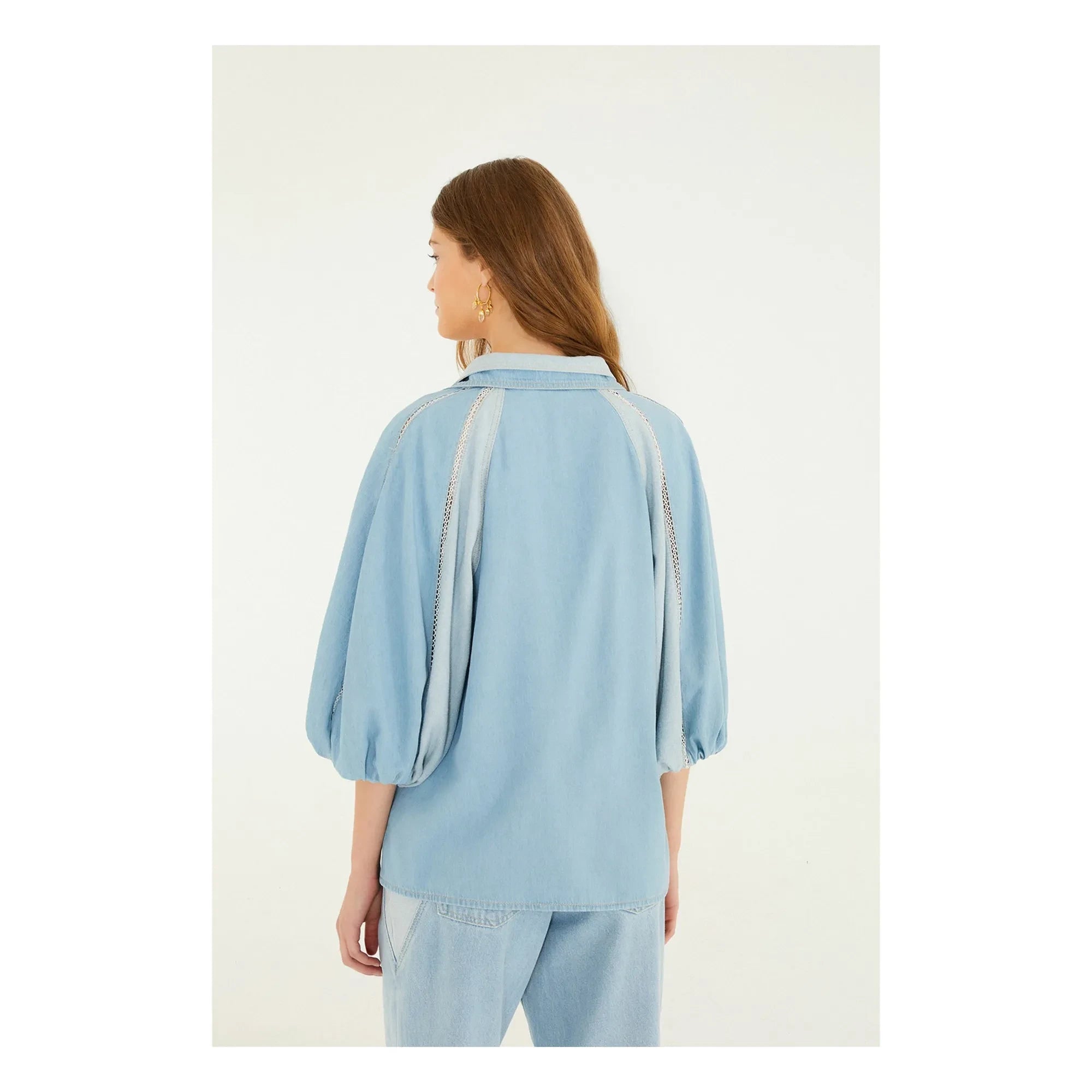 Farm Rio - Zweifarbige Denim Bluse | Blau