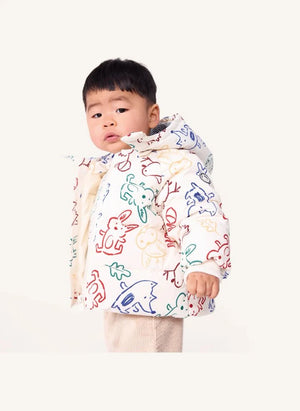 Petit Bateau - Ecru Daunenjacke mit Baby-Tier-Motiv