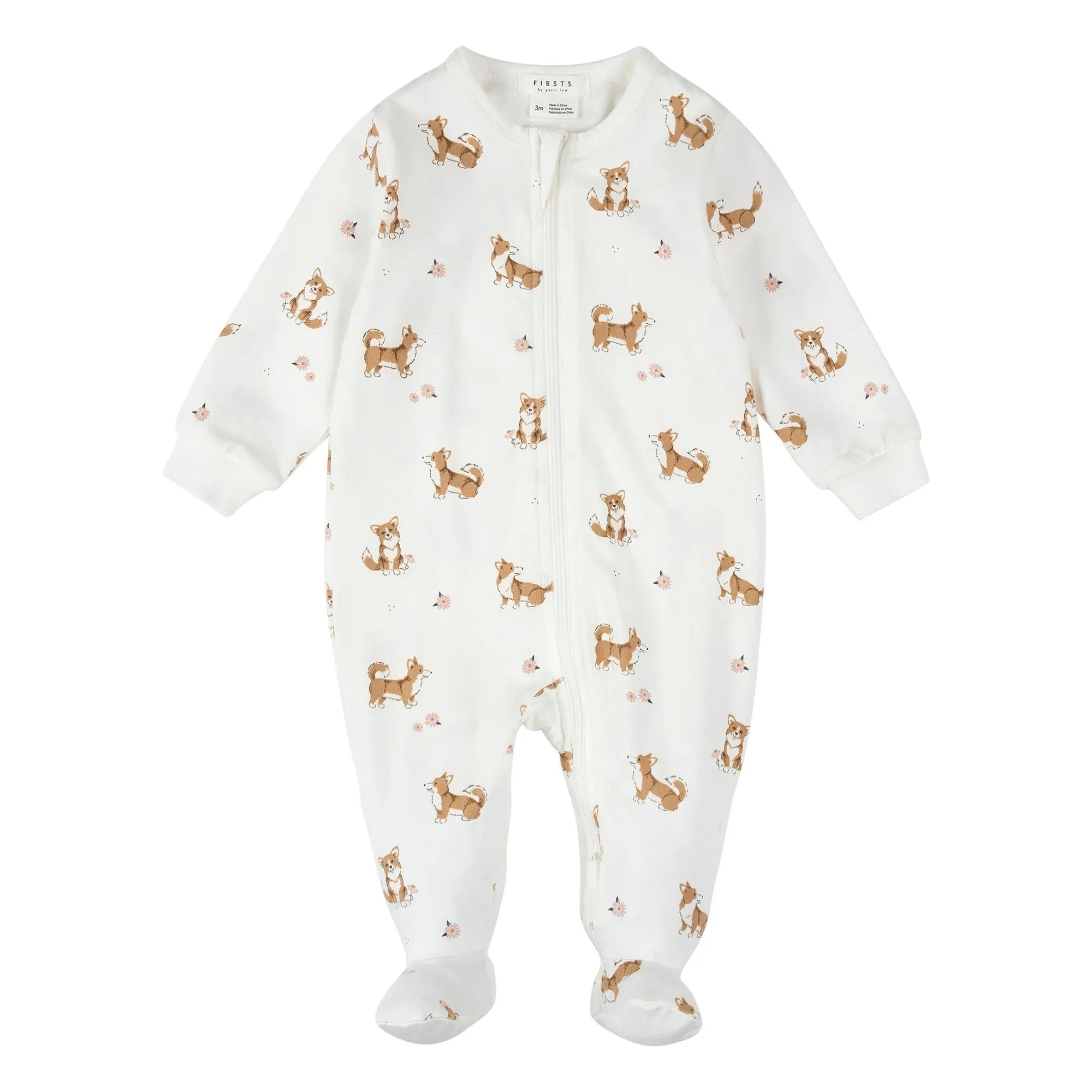 Petit Lem - Corgis Bio-Baumwoll-Rippstrick-Pyjama | Ecru