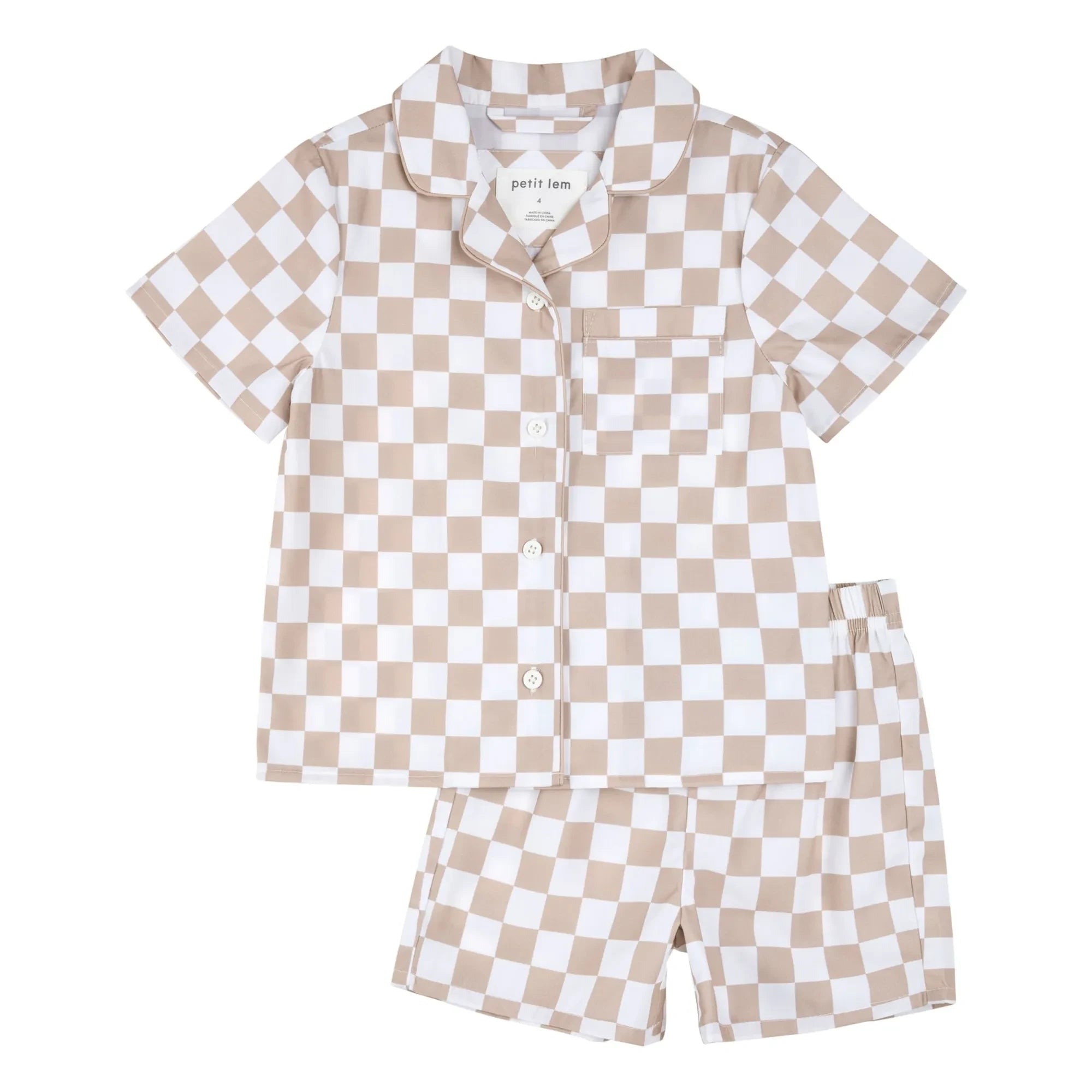 Petit Lem - Damier Popeline Shorts Pyjama aus recycelter Faser | Sand