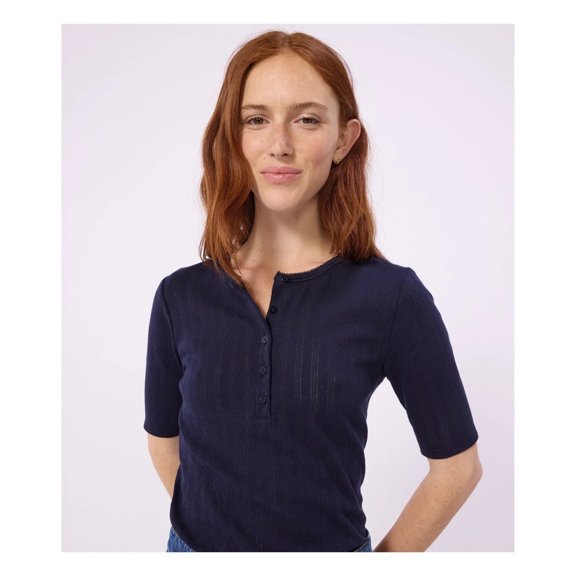 Petit Bateau - Pointelle Tunis Kragen T-Shirt | Marineblau