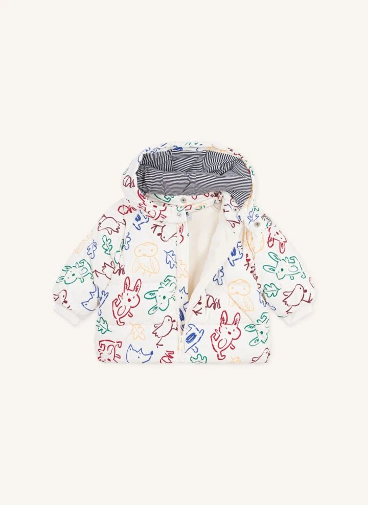 Petit Bateau - Ecru Daunenjacke mit Baby-Tier-Motiv