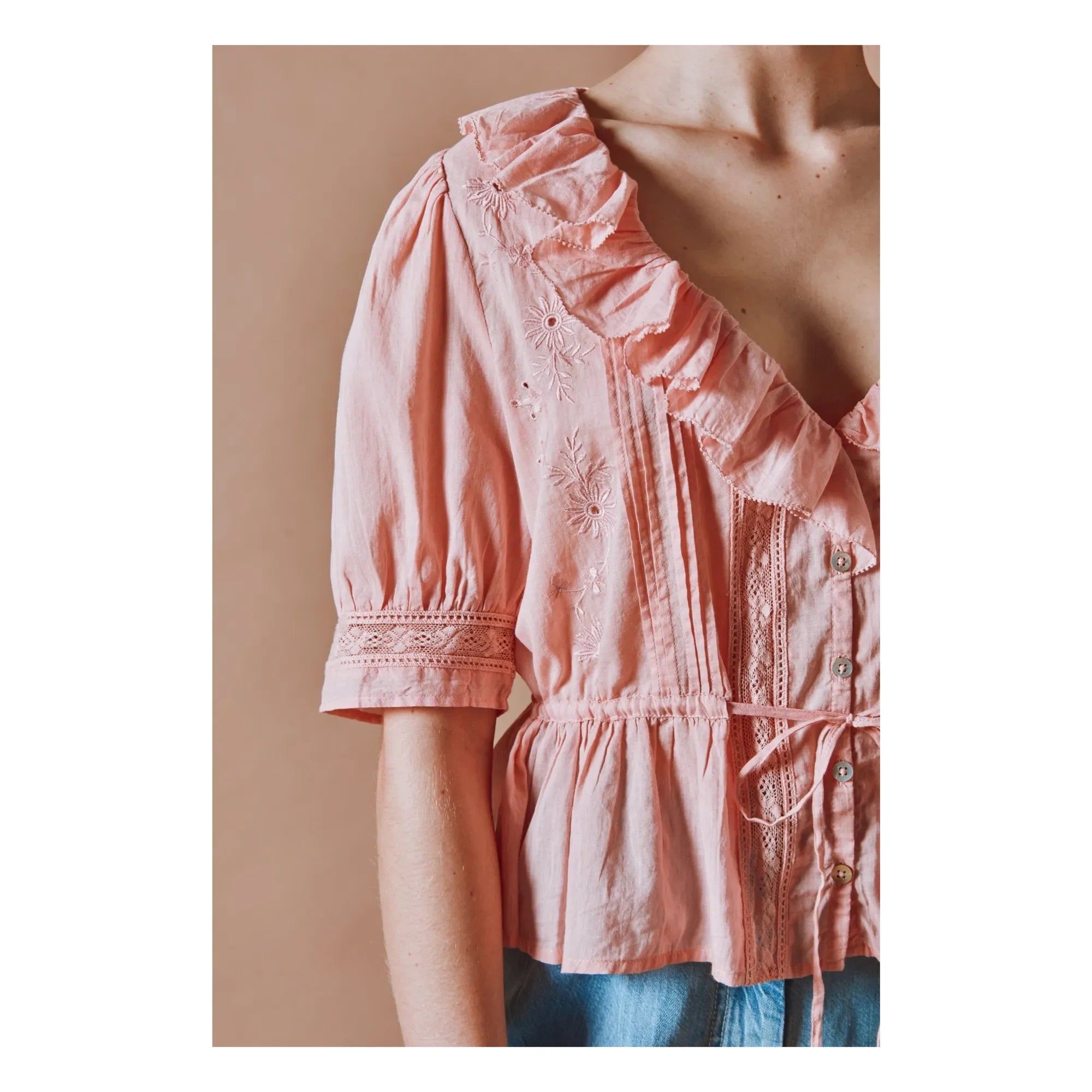 Emile et Ida – Rüschenbluse aus bestickter Baumwolle | Rosa