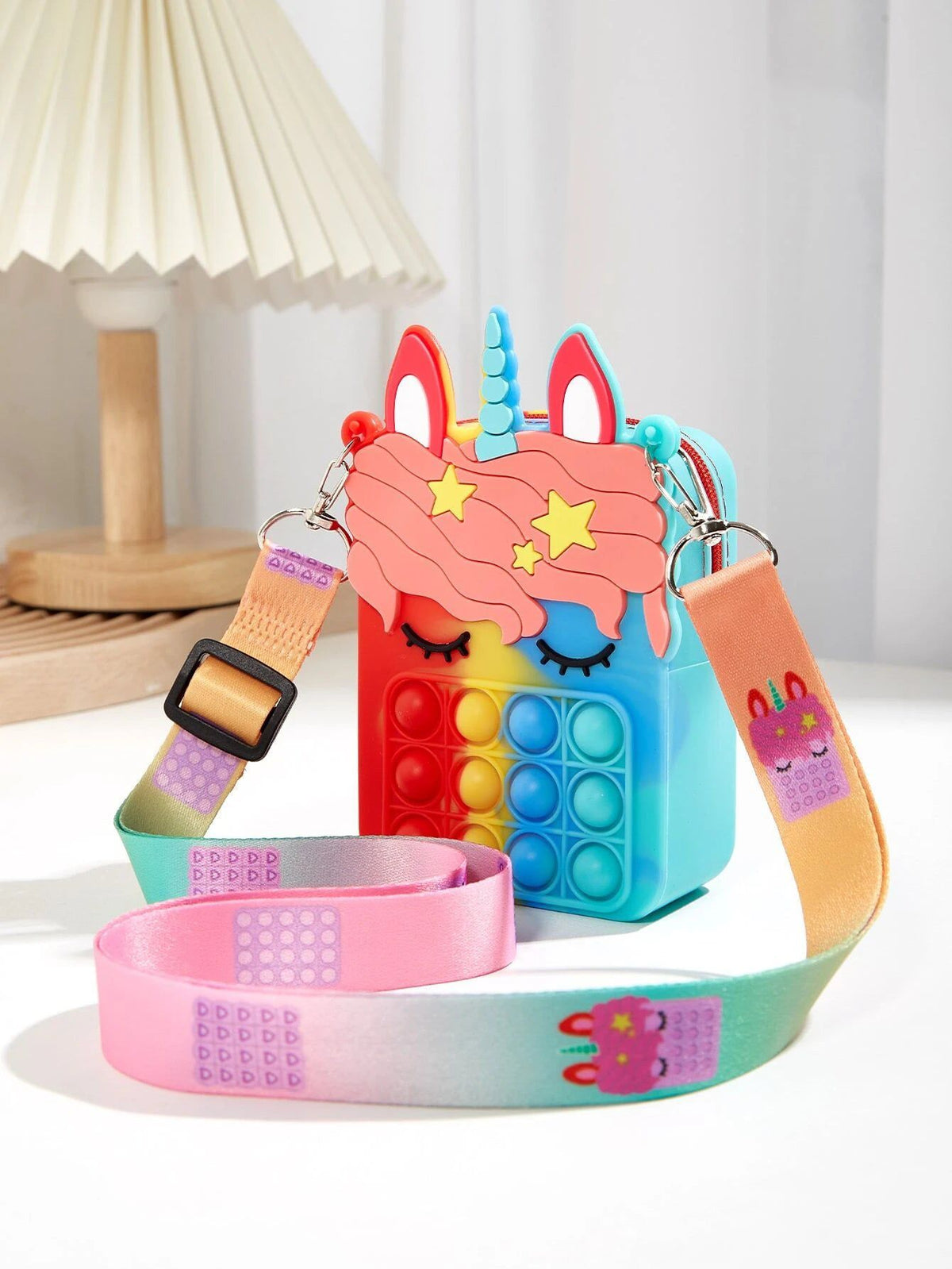 Dinossi – Einhorn-Popit-Design, blau-rote Mädchen-Umhängetasche 