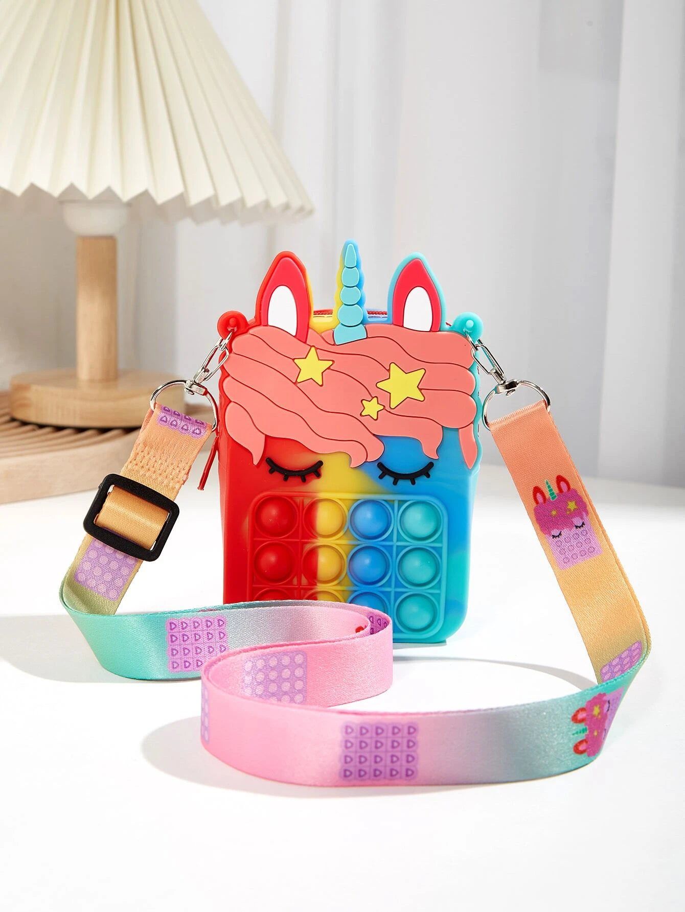 Dinossi – Einhorn-Popit-Design, blau-rote Mädchen-Umhängetasche 