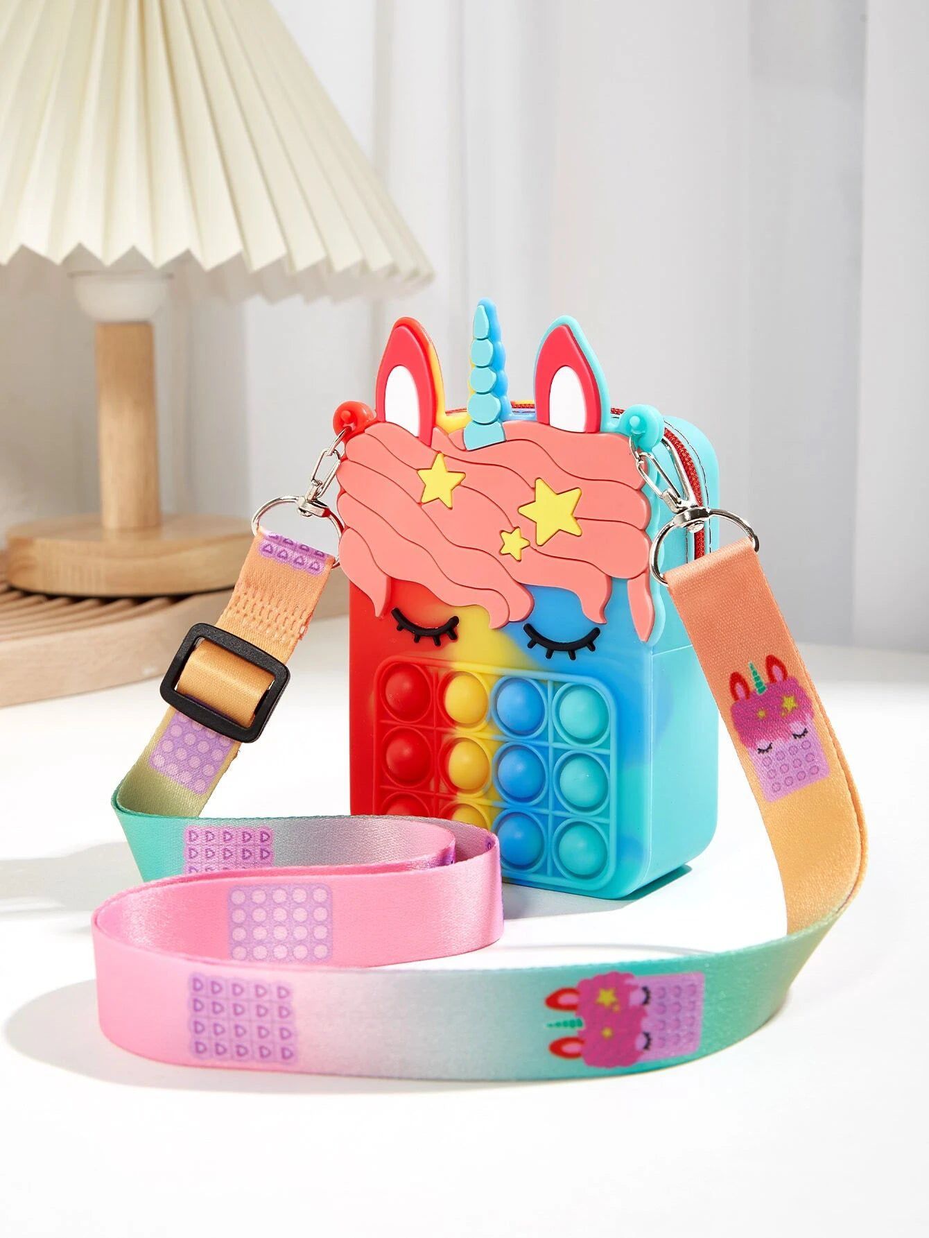 Dinossi – Einhorn-Popit-Design, blau-rote Mädchen-Umhängetasche 