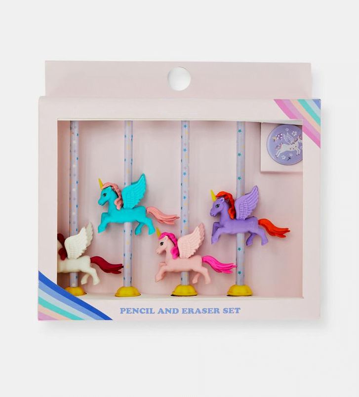 Dinossi - Einhorn-Radiergummi-, Spitzer- und Bleistift-Set