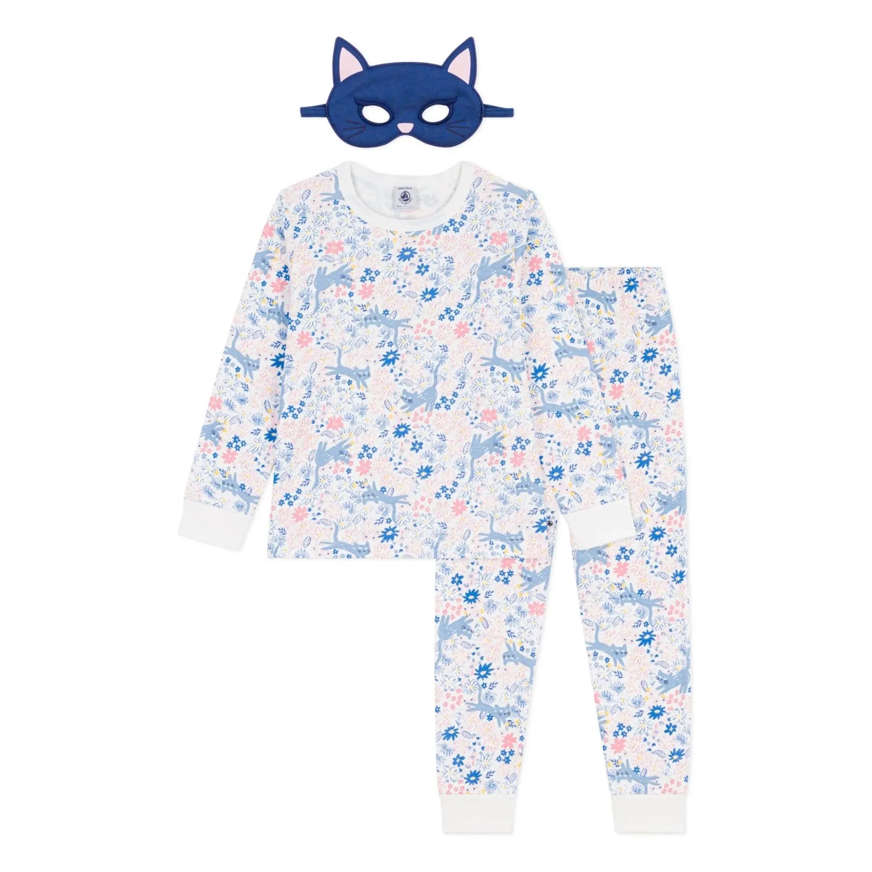 Petit Bateau – Schlafanzug aus Bio-Baumwolle mit Katzenmaske und Blumenmuster | Weiß