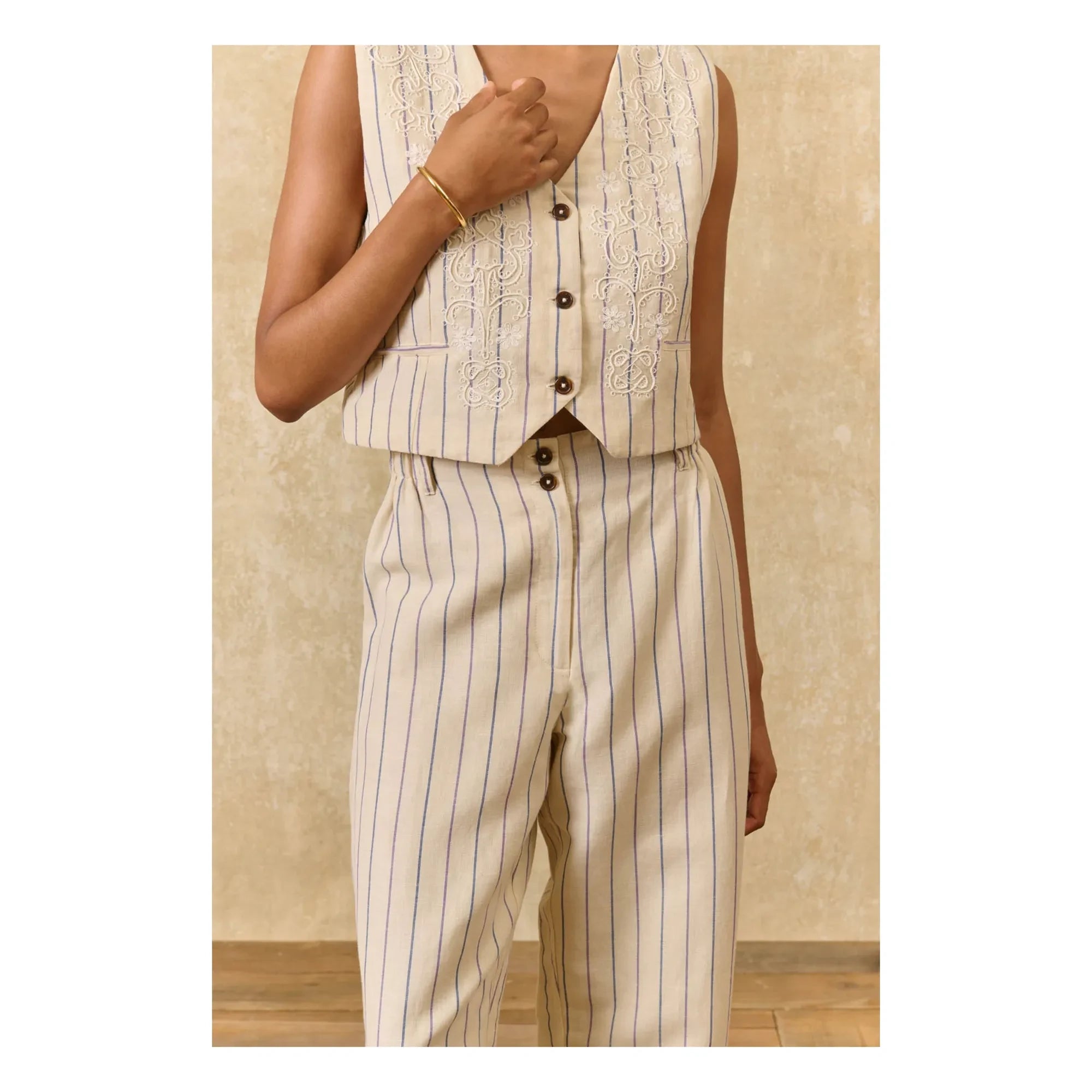 Louise Misha - Abuela Gestreifte Leinen- und Baumwollhose | Creme