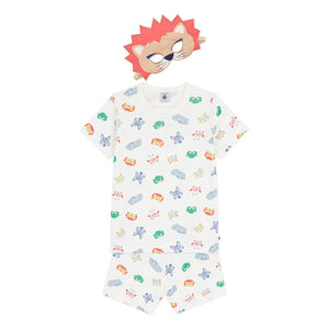 Petit Bateau – Schlafanzug aus Bio-Baumwolle mit Löwenmaske, kurze Form | Weiß
