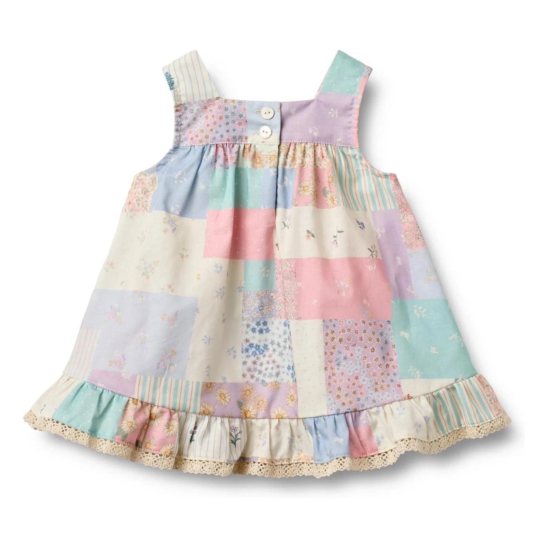 Wheat - Ayla Patchwork-Kleid aus Bio-Baumwolle mit Rüschen | Blassgelb