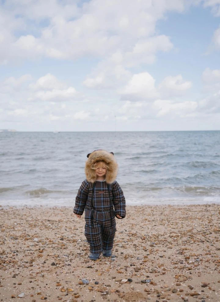 Töastie - Wasserdichter Kunstpelzteilen Kapuzen Cloud-Jacke, aus recycelten Fasern, Kariert | Blau