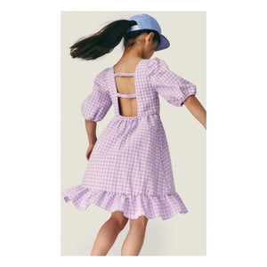 Mipounet - Olie Kariertes Kurzarmkleid mit Raffung | Lila