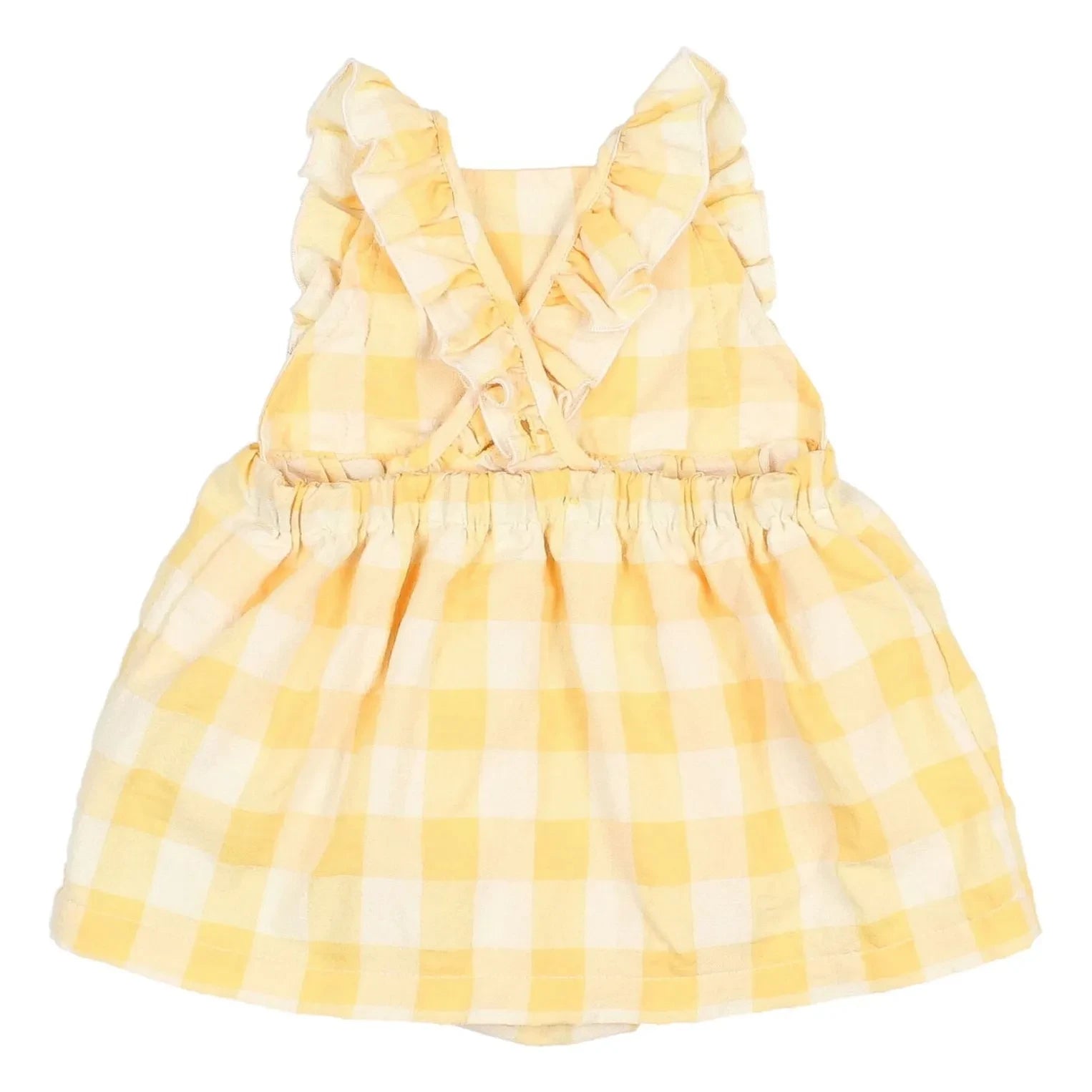 Búho - Vichy-Rüschen-Seersucker-Organik-Baumwoll-Overall-Kleid | Gelb