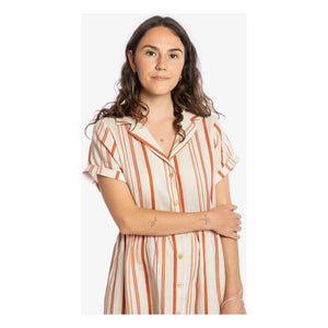 Matona - Gestreiftes Leinen-Midi-Hemdblusenkleid | Gebrochenes Weiß