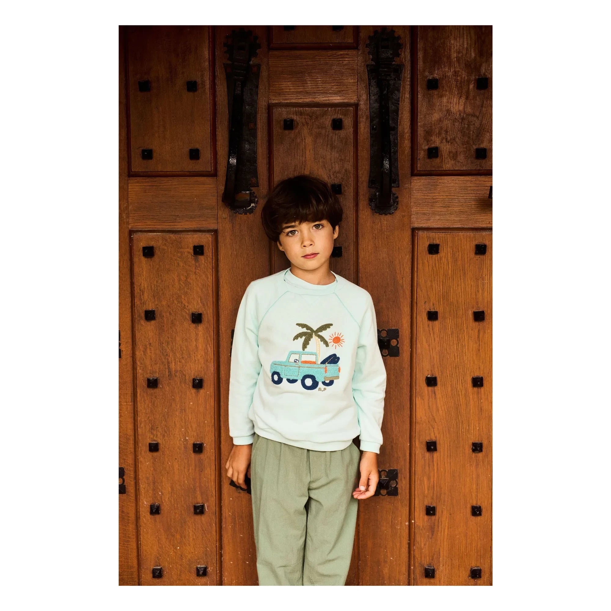 Arsène et Les Pipelettes - Türkisfarbenes Sweatshirt mit Auto aus Bio-Baumwolle