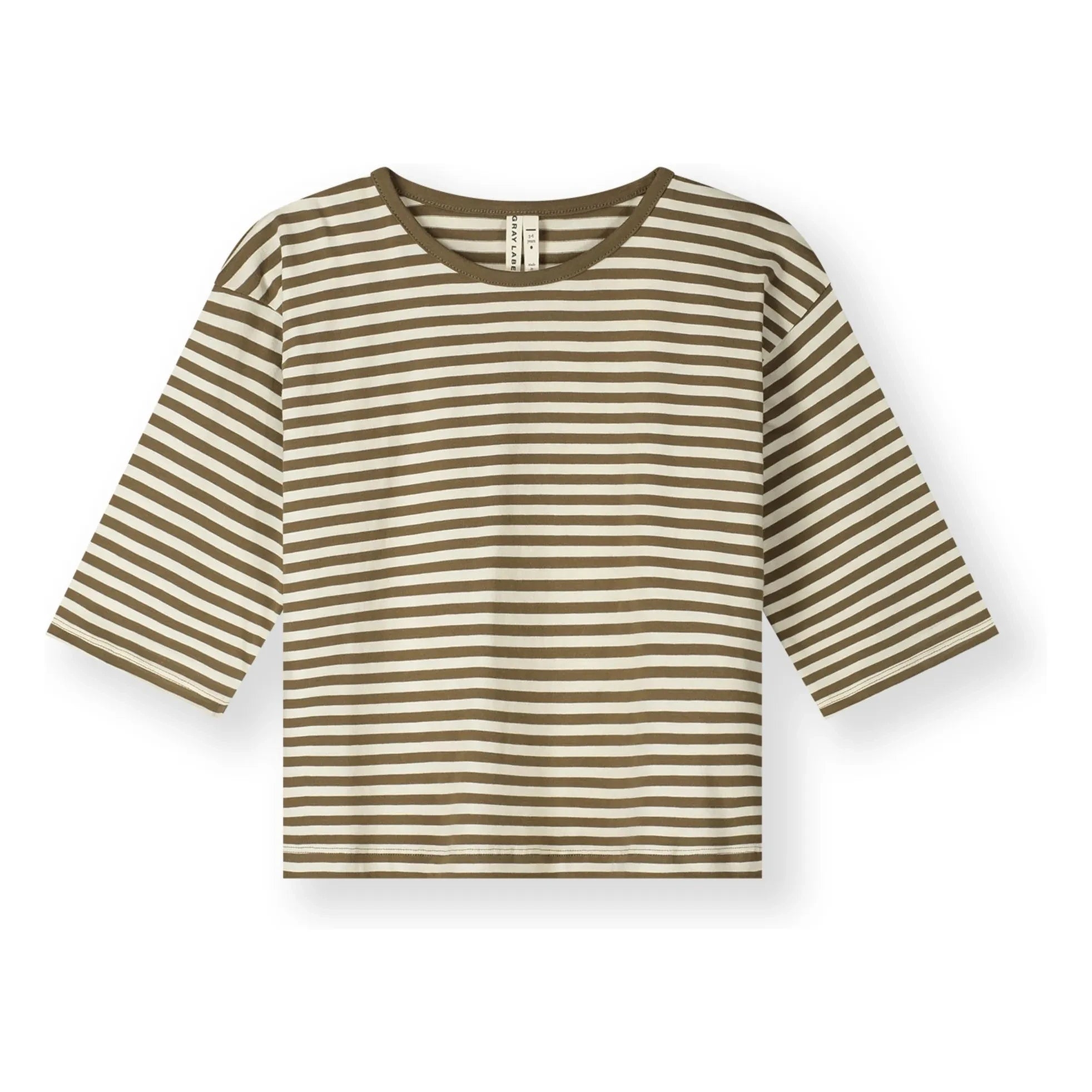Gray Label - 3/4-Arm Gestreiftes Bio-Baumwoll-T-Shirt | Khaki-Braun