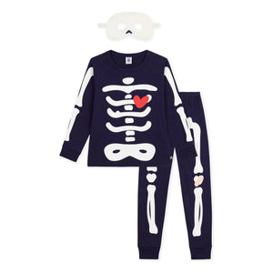 Petit Bateau - Organik Pamuk İskelet Pijama ve Maske Seti | Gece mavisi