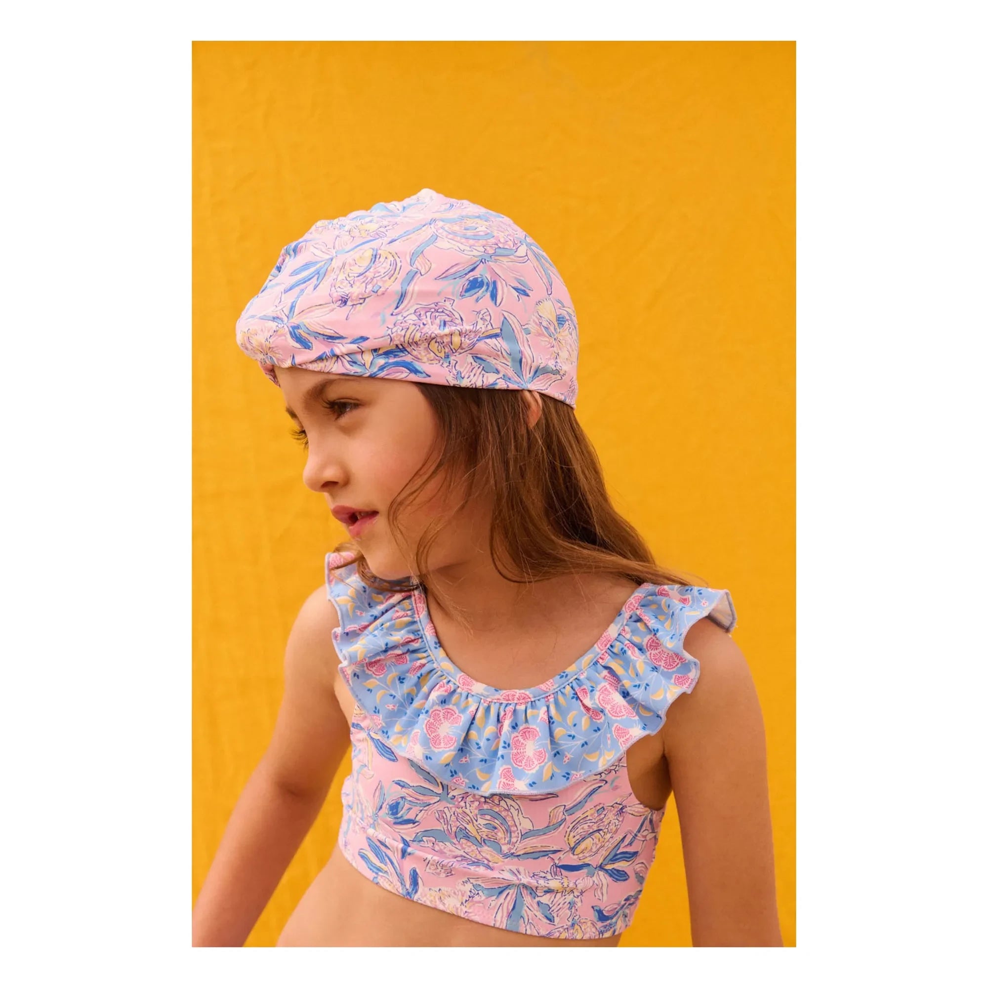 Louise Misha - Abina Badehaube mit Blumenmuster aus recycelten Fasern | Blau