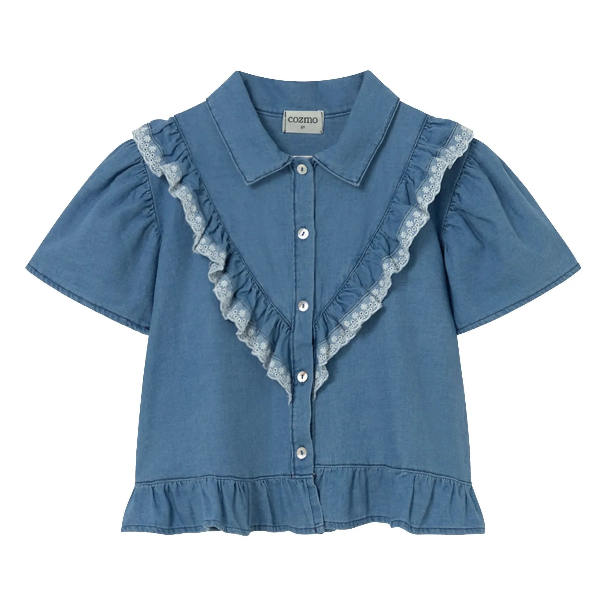 Cozmo - Hazel Denim Bluse mit Volants | Blau