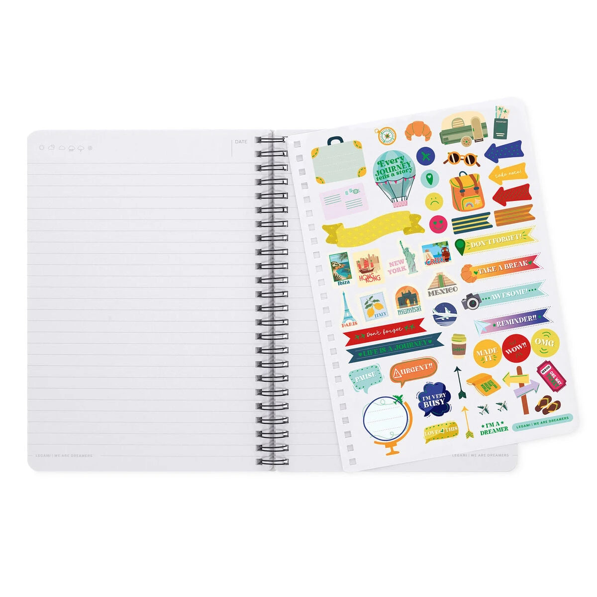 Legami - A5 Çizgili Sert Kapaklı Resimli Defter - Seyahat Çıkartmaları - Spiralli