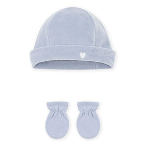 Petit Bateau - Organik pamuklu kadife bere ve eldiven seti | Gri mavi