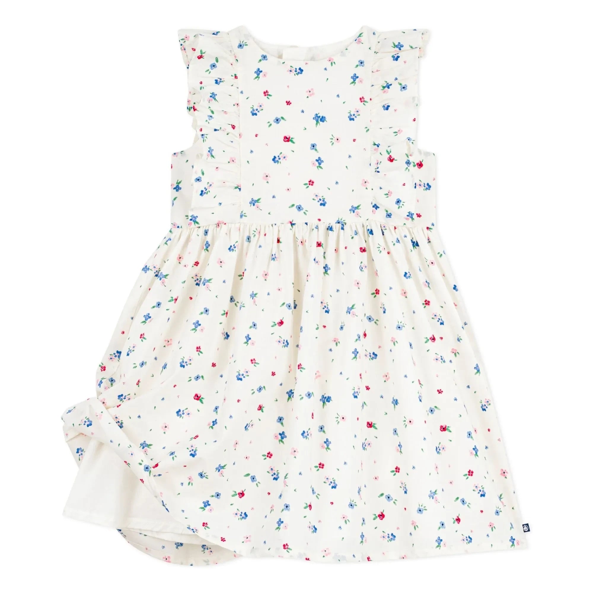 Petit Bateau - Çiçek Desenli Fırfırlı Elbise Organik Pamuk Poplin | Beyaz