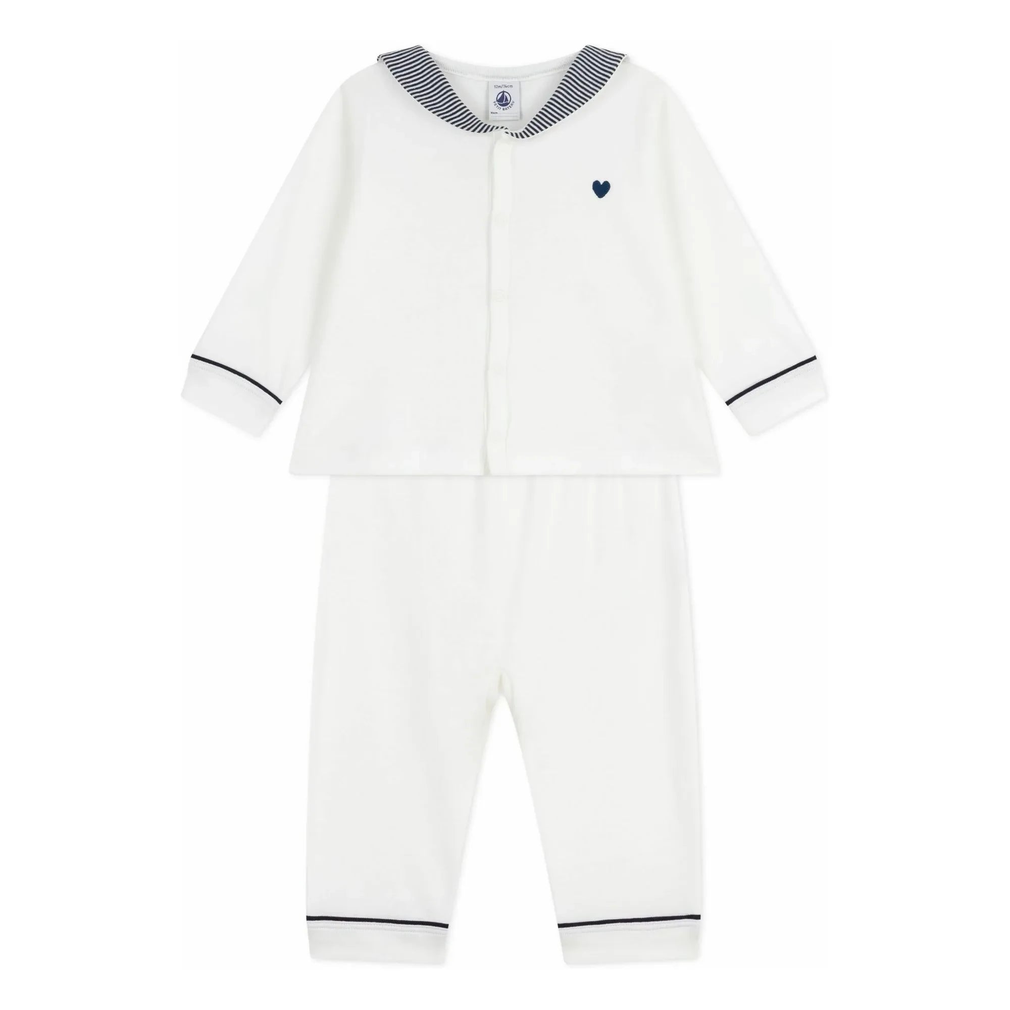 Petit Bateau - Gestreifter Kragen Schlafanzug aus Bio-Baumwolle | Weiß