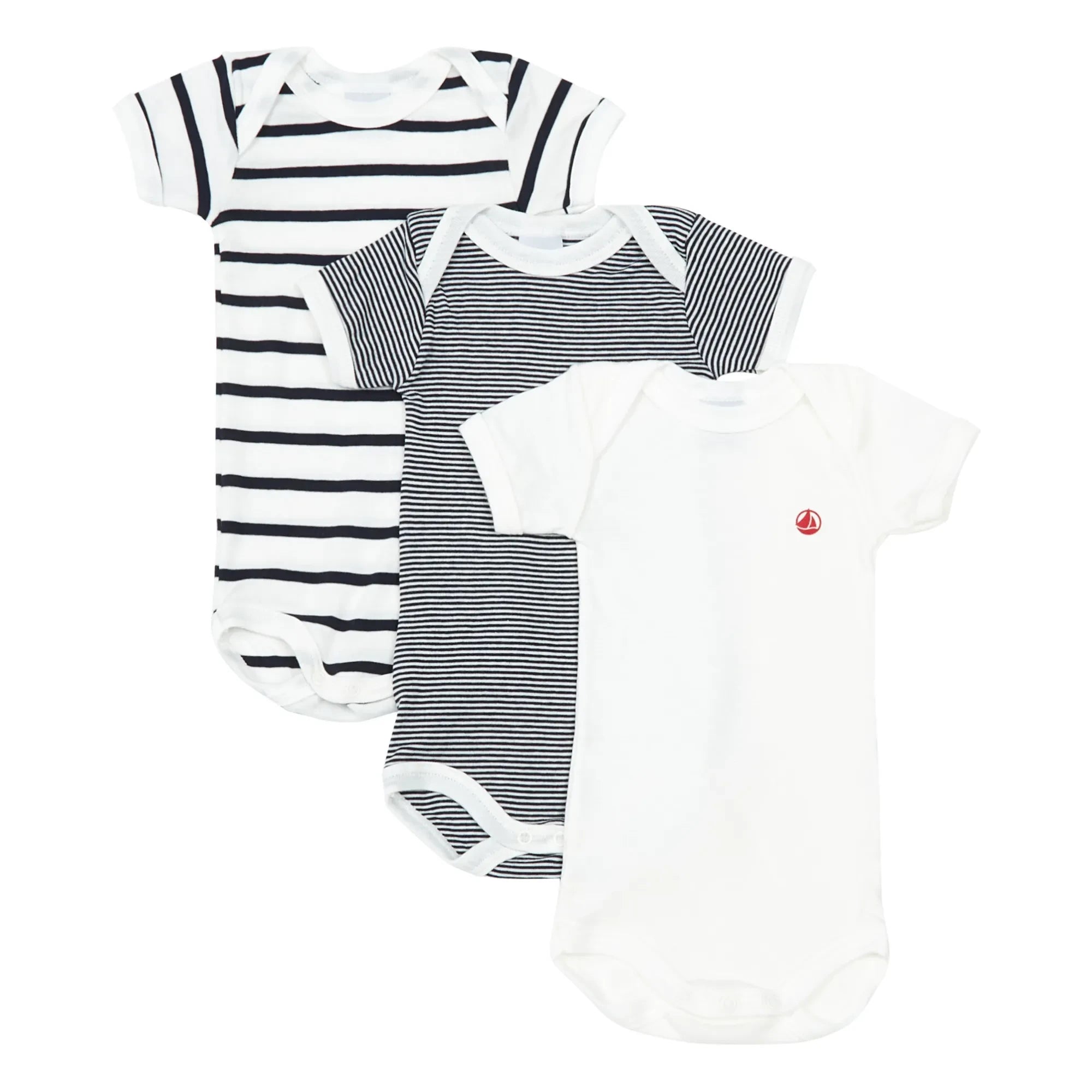 Petit Bateau – 3er-Set gestreifter Strampler aus Bio-Baumwolle, ärmellos | Blau