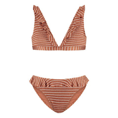 Beachlife - 2-teiliger gestreifter Volant-Badeanzug aus recycelten Fasern | Karamell