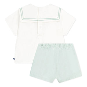 Petit Bateau - Dunkelblaues Kragen-Oberteil und Leinen-Shorts Set | Salbeigrün