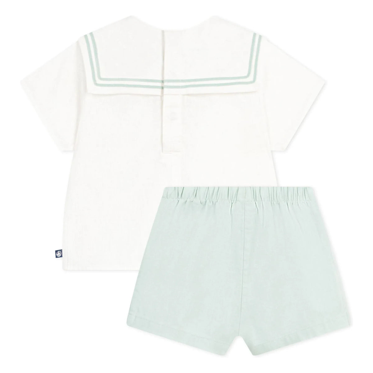 Petit Bateau - Dunkelblaues Kragen-Oberteil und Leinen-Shorts Set | Salbeigrün