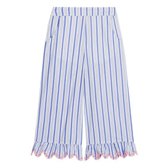Louise Misha - Gestreifte Popeline Bio-Baumwoll-Loukini-Hose mit Rüschen | Blau