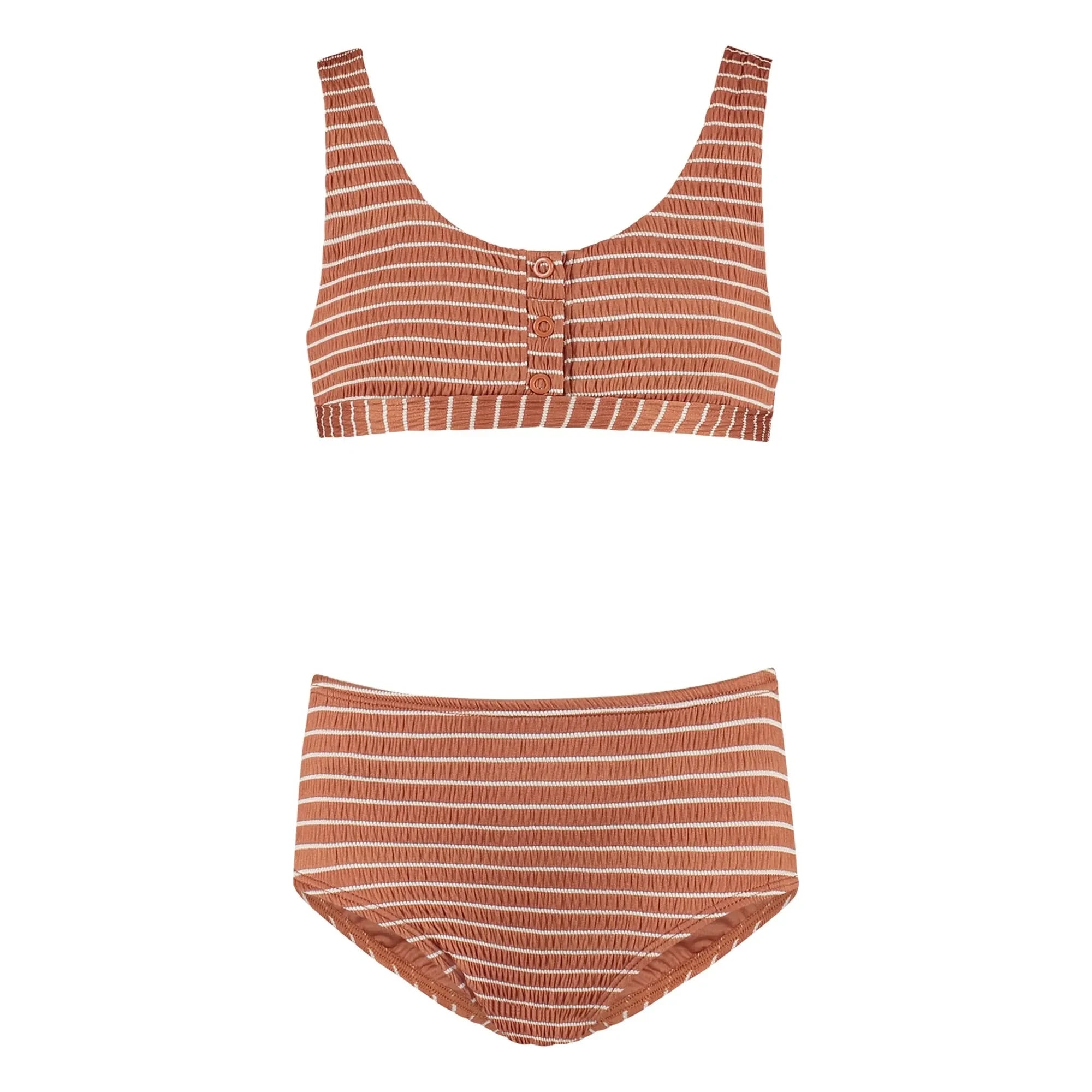 Beachlife - Recycelte Faser Gestreifter Bikini mit Knöpfen | Caramel