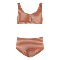 Beachlife - Recycelte Faser Gestreifter Bikini mit Knöpfen | Caramel