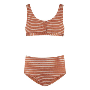Beachlife - Recycelte Faser Gestreifter Bikini mit Knöpfen | Caramel
